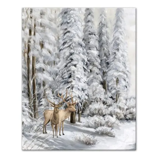 Snowy Forest Deer Canvas Wall Art {1}