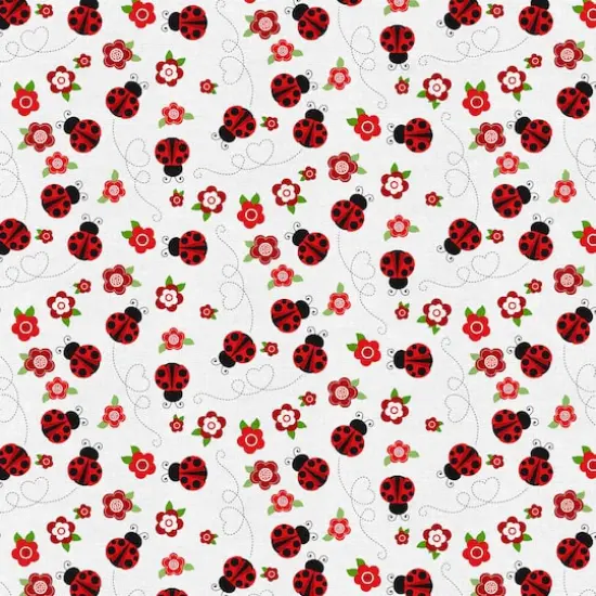 Fabric Editions White Ladybug Journey Cotton Fabric {1}