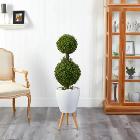 4ft. Double Boxwood Topiary Tree in White Planter with Stand {4}