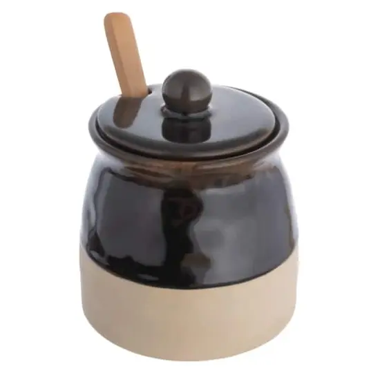 Hello Honey&reg; 4.4" Black Stoneware Sugar Pot with Lid & Wood Spoon {6}