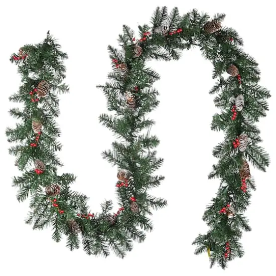9' x 10" Pre-lit Glittery Mountain Spruce Artificial Christmas Garland with White Edged Cones, Red Berries and 50 Clear Lights {5}