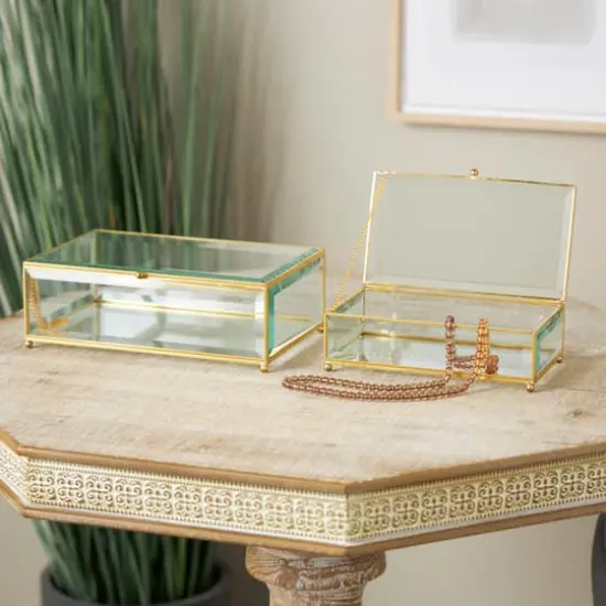 Clear & Gold Beveled Glass & Metal Rectangle Footed Jewelry Box with Chain Accent Set {3}