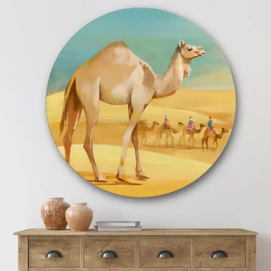 Designart - Camels In Desert - Farmhouse Metal Circle Wall Art {4}