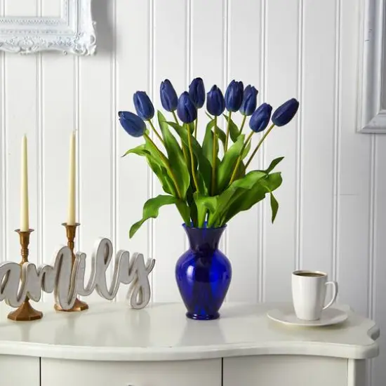 22" Blue Dutch Tulip Arrangement in Blue Vase {4}