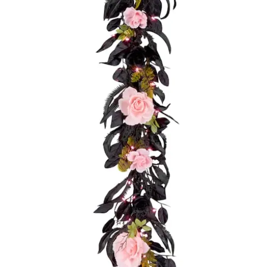 6ft. Cute & Creepy Pink & Black Halloween Flower Pre-Lit LED Garland {1}