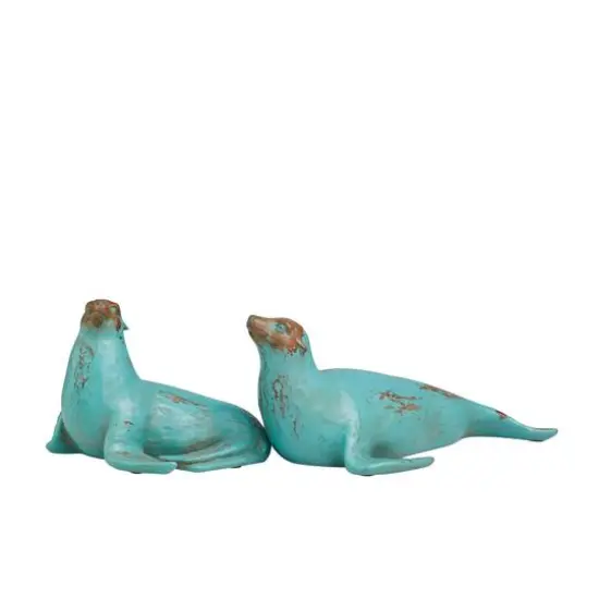 Teal Polystone Distressed Sea Lion Sculpture Set {4}