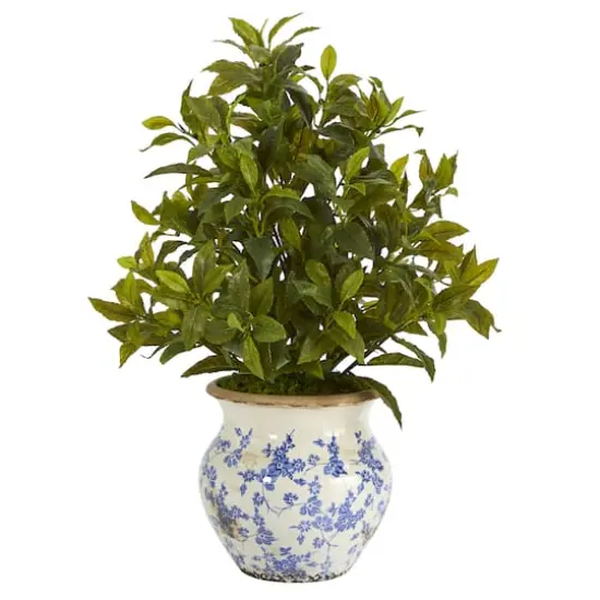 28" Coffee Leaf Artificial Plant in Vintage Floral Planter (Real Touch) {1}