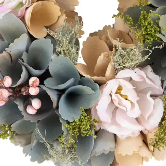 10" Tan & Blue Wooden Floral Wreath {6}