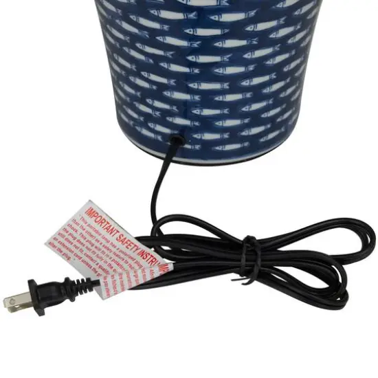 Dark Blue Ceramic Gourd Style Base Fish Table Lamp with Drum Shade 15" x 15" x 29" {7}
