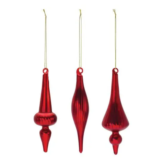 6" Red Ribbed Glass Finial Ornament Set {3}