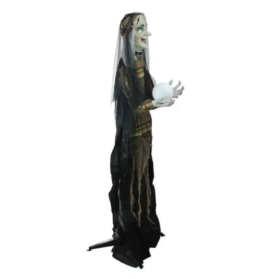 5.5ft. Pre-Lit Black & Green Standing Fortune Witch with Magic Ball Halloween Display {3}