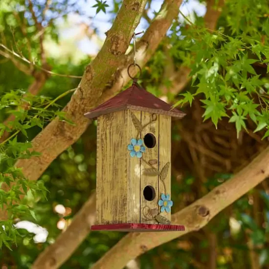 Glitzhome&reg; 11.75" Yellow Washed 3D Metal Flowers Distressed Wood Cottage Birdhouse  {5}