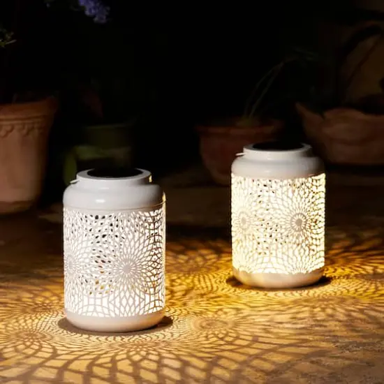 Glitzhome&reg; 8.75" Metal Cutout Solar Powered Hanging Lantern Set White {3}