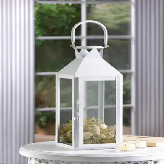 15" Sleek White Metal Manhattan Candle Lantern with Handle {3}