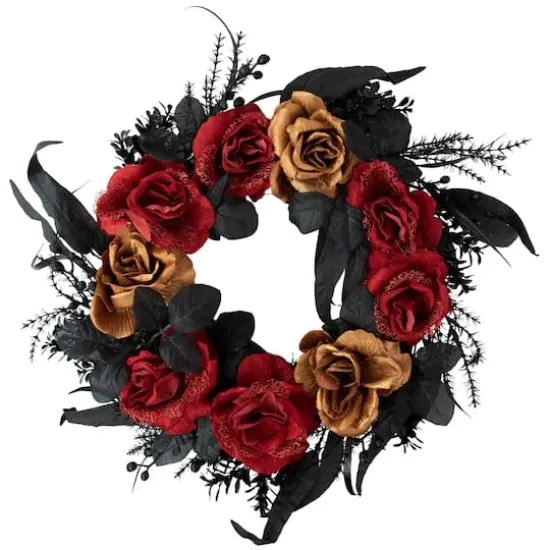 22" Red & Gold Roses with Black Foliage Halloween Wreath {1}