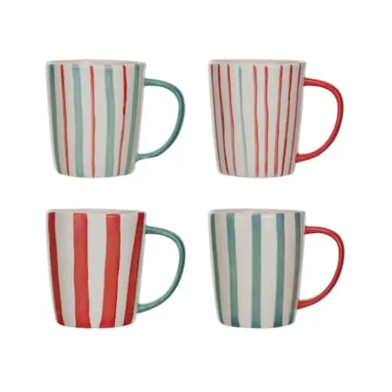 Hello Honey&reg; 14oz. Hand-Painted Red, Aqua & Cream Stripes Stoneware Mugs, 4ct. {1}