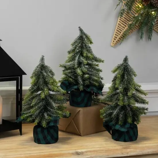 9" Unlit Iced Downswept Pine Artificial Christmas Tree Set {3}