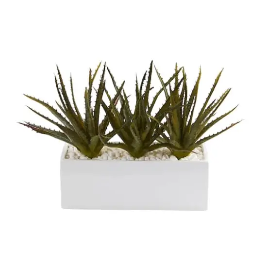 11" Triple Aloe Succulent Artificial Plant in White Planter {1}