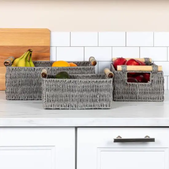 Household Essentials Paper Rope with Wooden Handles Basket Set Gray {3}