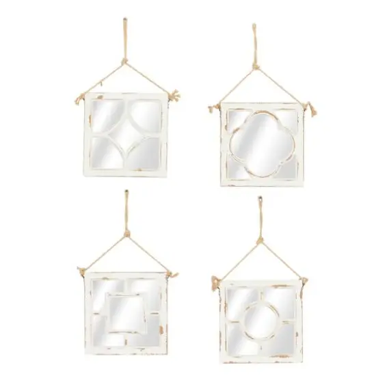 Set of 4 White Wood Vintage Decor Wall Mirror, 12" x 12" {1}