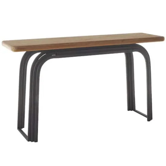 55" Black Metal Layered Arch Living Room Console Table with Brown Tabletop {1}