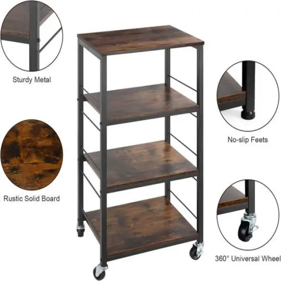 Rustic Brown 4-Tier Utility Cart Rolling Kitchen Storage Cart Wood Top {4}