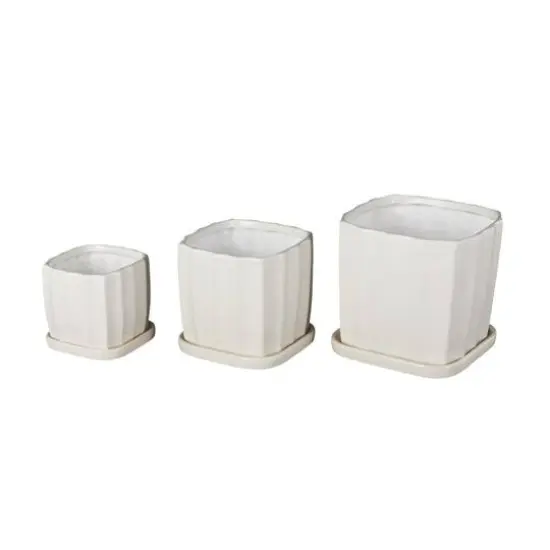 White Square Wide Groove Textured Ceramic Planter Set {9}