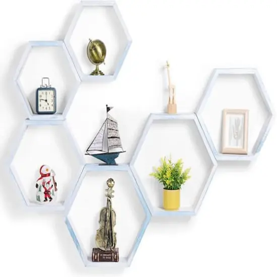 NEX™ Blue Whitewash Wall-Mounted Rustic Hexagon Honeycomb Hanging Shelf Set {1}