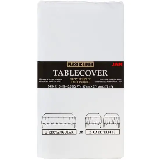 JAM Paper White Rectangular Plastic Lined Table Cover, 54" x 108"  {1}