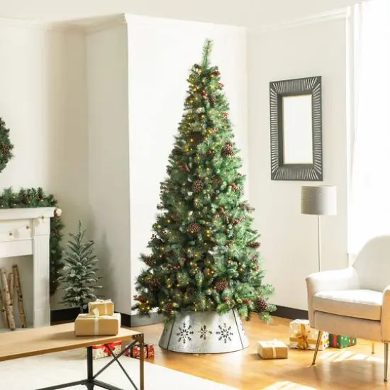 Glitzhome&reg; Silver 26" LED Snowflake Cutout Metal Tree Collar {6}