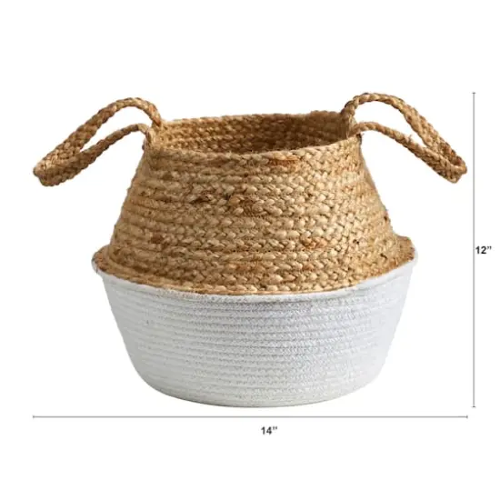 12" Boho Chic Handmade Cotton & Jute White Woven Basket Planter {3}