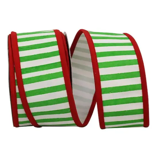 Reliant 2.5" x 10yd. Green & White Railroad Stripes Deluxe Folded Wired Ribbon {1}
