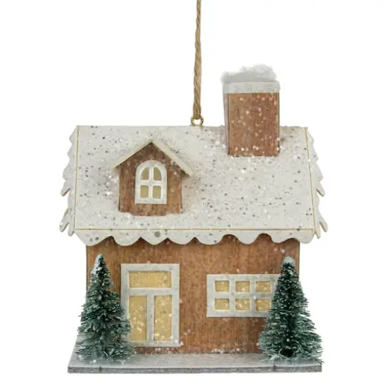 4" Battery Operated Tan Brown and White Lighted House Christmas Ornament {1}