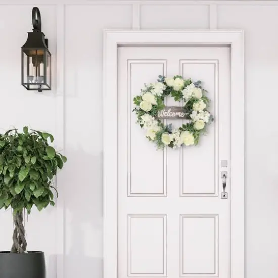 26" Artificial Peony, Hydrangea & Rose Floral Spring Wreath with Wood Welcome Sign {6}