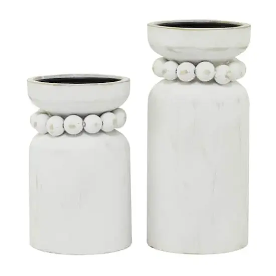White Wood Beaded Pillar Candle Holder Set {5}