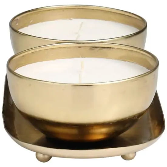English Garden Scented 2-Wick Candles in Gold Bowls Set {3}