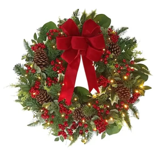 26" Battery-Operated Pre-Lit Decorated Artificial Wreath with Red Bow {1}