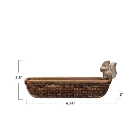 Hello Honey&reg; 9.25" Brown Reactive Glaze Squirrel & Debossed Weave Stoneware Dish {4}