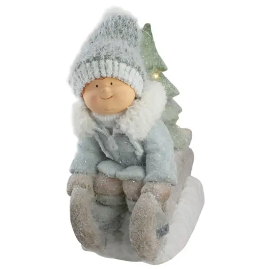 15" Beige & Green Lighted Boy on a Sled Christmas Decoration {4}