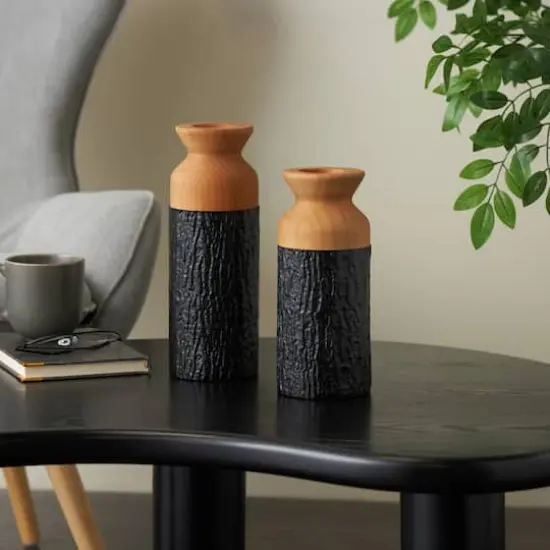 Black & Natural Textured Color Block Metal & Wood Vase Set {3}