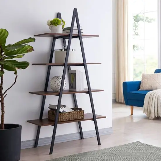 Glitzhome&reg; 5.5ft. Modern Industrial 4-Tier A-Frame Open Ladder Bookshelf Walnut {5}