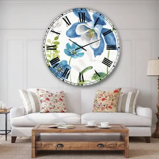 Designart 'Blue Columbine Flowers With Butterfly Traditional Wall Clock {3}