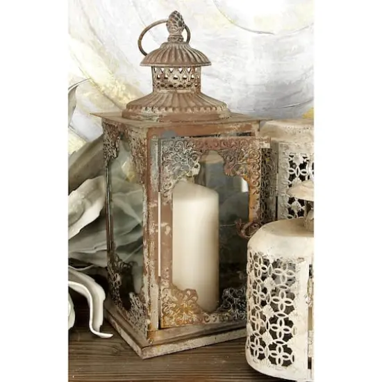 13" Gray Iron Vintage Candle Holder Lantern {8}