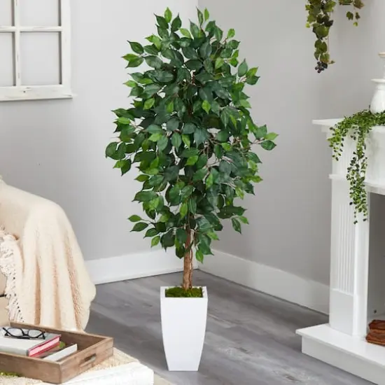 4.5ft. Ficus Artificial Tree in White Metal Planter {4}