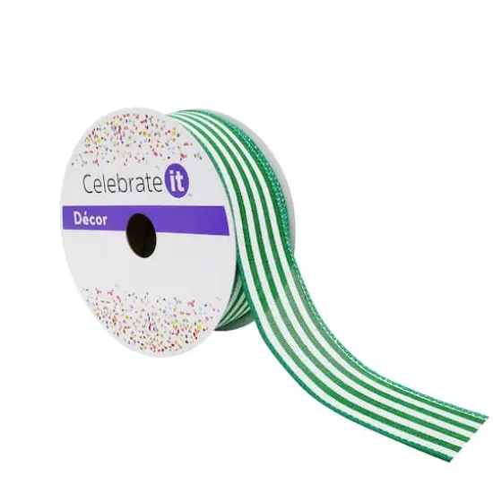 1.5" x 30ft. Stripe Faux Linen Wired Ribbon by Celebrate It&trade; D&eacute;cor Kelly Green {1}