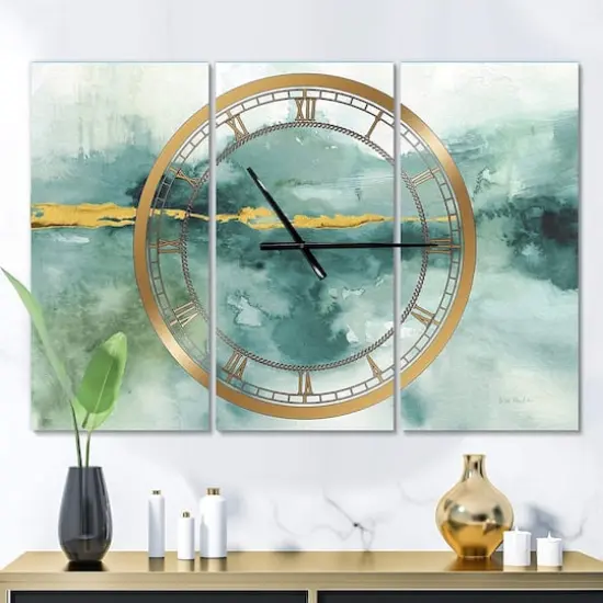 Designart Blue Watercolor Impression With Gold Multipanel Wall Clock {3}