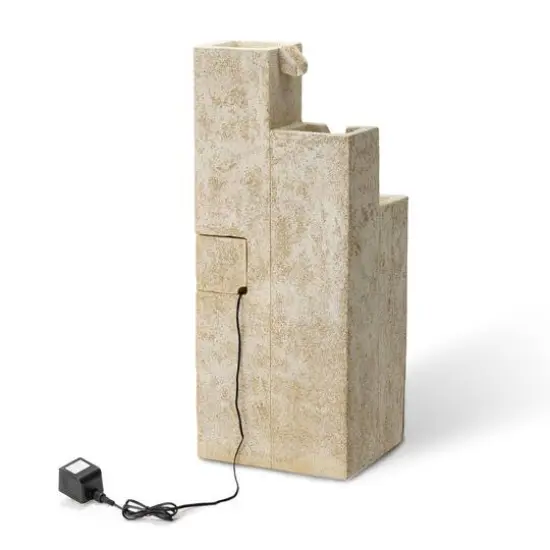 Glitzhome&reg; 34" 4-Tier Faux Terrazzo Geometric Square Column Outdoor Fountain with LED Light {7}