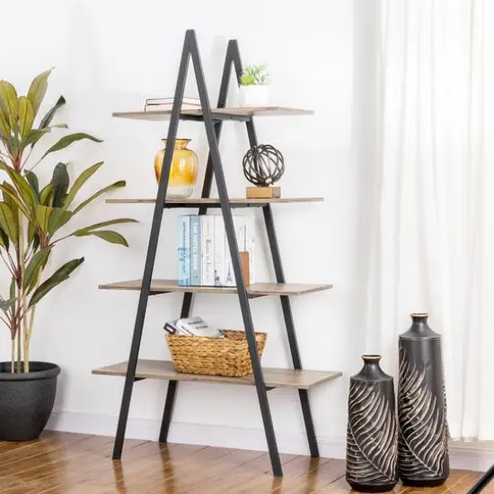 Glitzhome&reg; 5.5ft. Modern Industrial 4-Tier A-Frame Open Ladder Bookshelf Rustic {3}