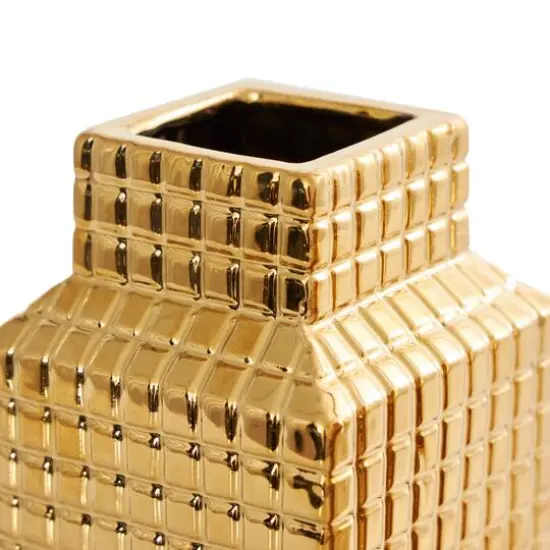 8" Gold Ceramic Geometric Dimensional Textured Vase Set with Grid Patterns {6}