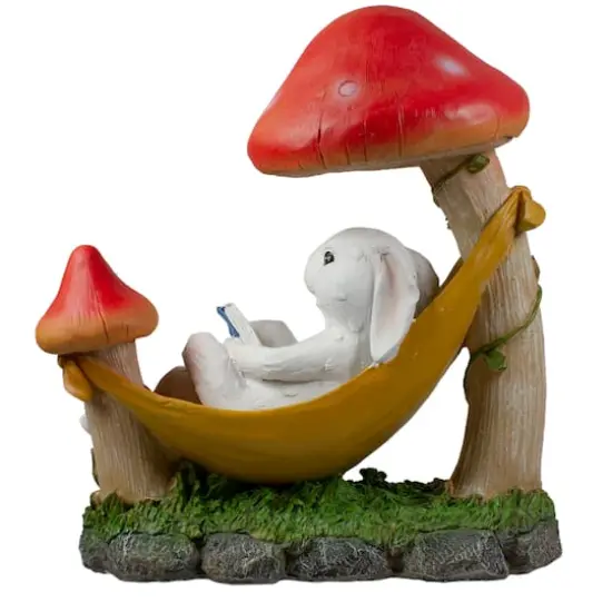 12" White Bunny in Hammock Outside Garden Statue {5}
